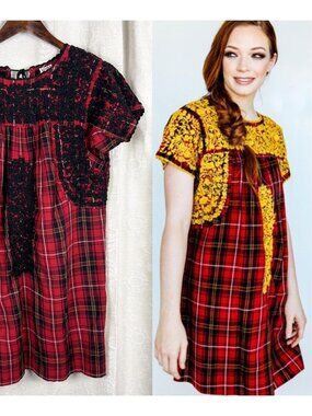 Sister Mary Marylou red plaid shift dress black embroidery tassels relaxed small